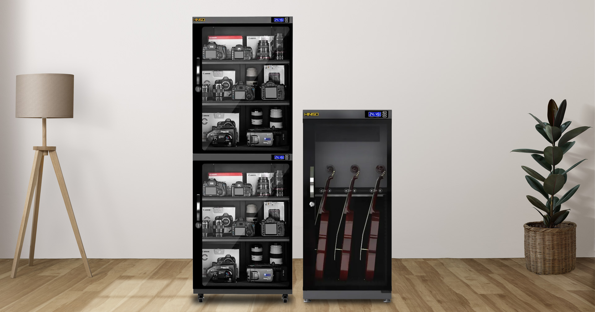Two Hiniso dry cabinets, one storing camera bodies and lenses, one storing violins